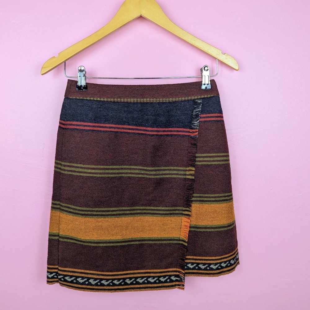 Ann Taylor Loft Petites Maroon Red, Orange, Green, & Navy Blue Wool Blend Skirt